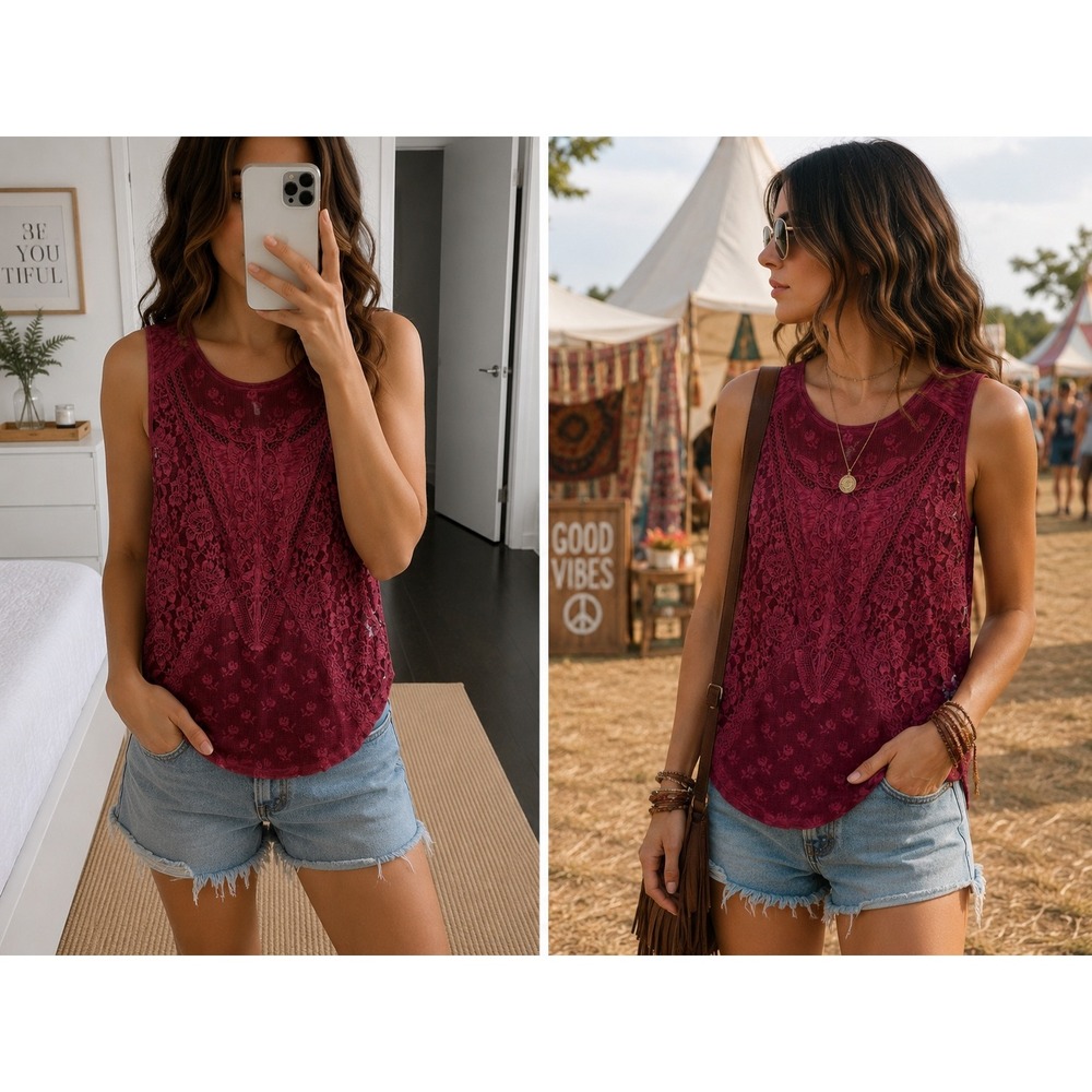 Free People Not So Sweet Lace Tank Top Shirt Sz M Cranberry Boho Victorian Y2K